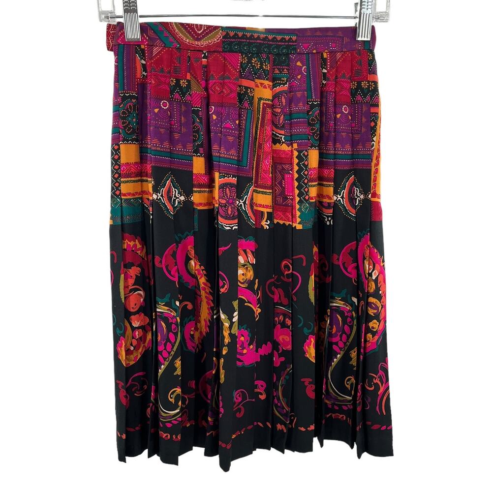 Vintage Carlisle Pink Black Abstract Silk Wool Colorful Vibrant Pleated Skirt 2 - Picture 3 of 9